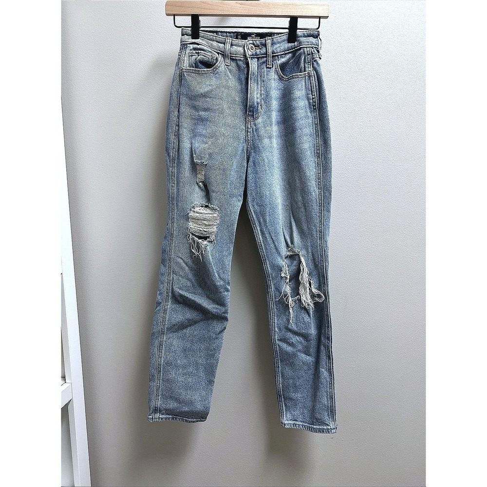 Hollister Ripped Distressed High Rise Mom Jeans Light Wash Denim Women's Size 24